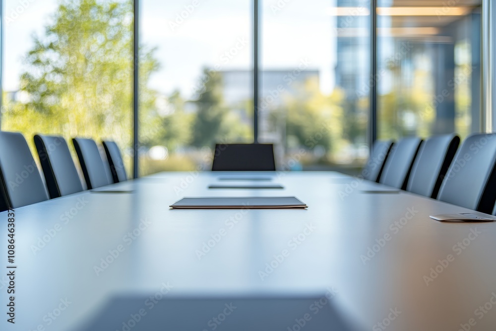 Poster a long, white conference table with black chairs is set up in a modern office with large windows. th