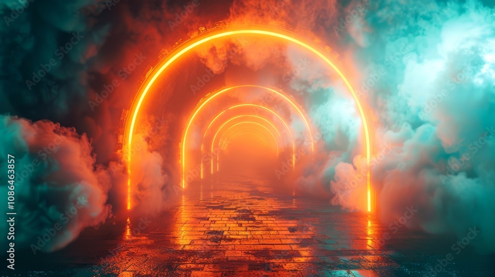 Poster pulsating neon tunnel with alternating yellow and green lights, surrounded by dense fog and ethereal
