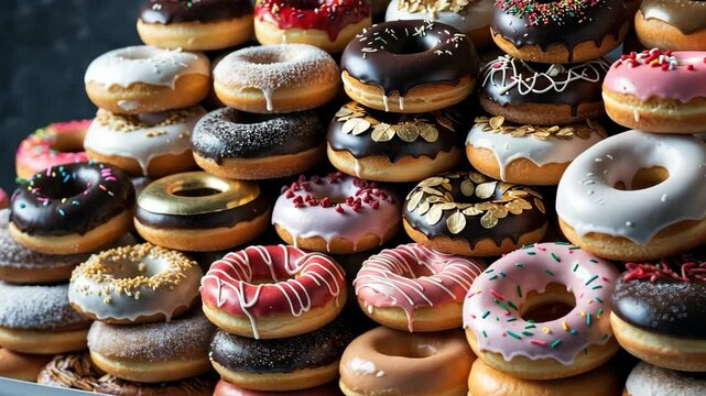 Video footage of colorful and inviting display of various donut varieties, stacked high and ready to be enjoyed