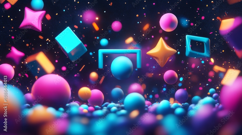 Leinwandbilder colorful abstract shapes and spheres floating in a dark background with sparkles and vibrant particl