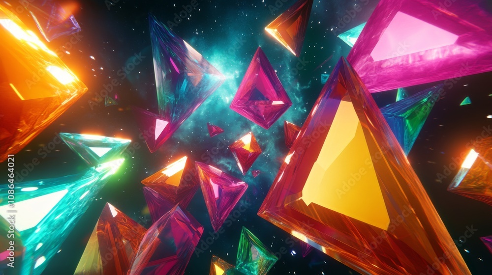 Poster Vibrant and Colorful Crystals in a Cosmic Space Setting, Focused on the Dynamic Interaction of Light and Color in an Ethereal Environment