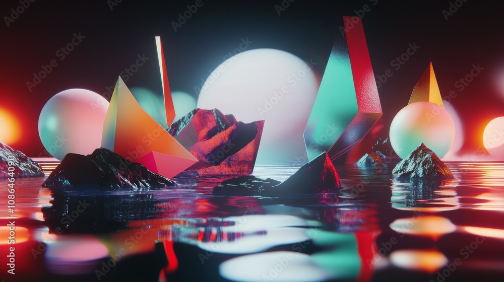 Poster abstract 3d composition with geometric shapes and illuminated spheres reflecting on calm water surfa