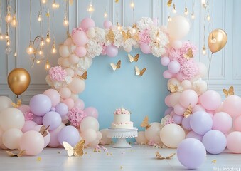 A backdrop composition with a small pastel blue background, a pastel pink and white balloon arch garland with flowers, a cake smash aesthetic