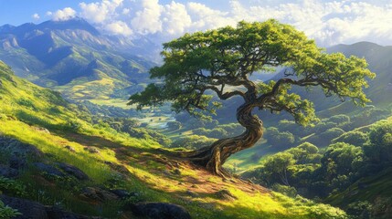 Scenic view of a solitary tree on a lush hillside with mountains in the background.