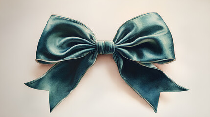 A serene watercolor depiction of an elegant green velvet bow with realistic folds and glossy texture, on a clean white canvas