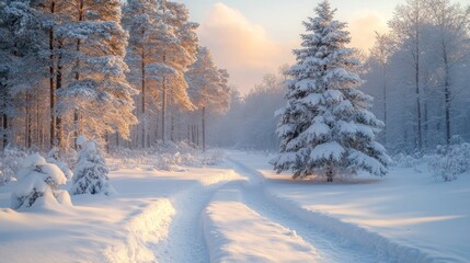 Fototapeta premium Snowy winter landscape with a serene path through trees.