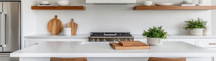 A beautifully designed modern kitchen featuring a sleek countertop, wooden shelves, decorative plants, and contemporary appliances for an inviting atmosphere.
