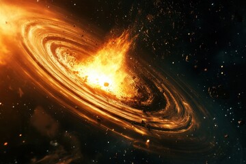 A fiery explosion at the center of a swirling galaxy, surrounded by stars and dust.