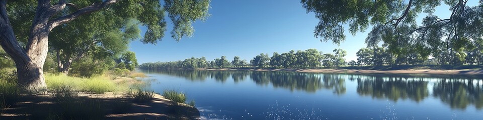 Peaceful riverbank with Australian gum trees and sparkling water reflecting clear skies ,