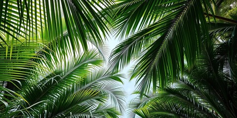 Fototapeta premium A verdant expanse of green palm fronds stretching towards the sky in a tropical jungle environment, lush green, tropical jungle