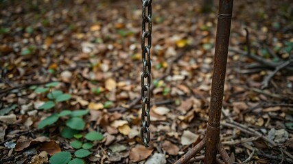 Obraz premium A vintage metal chain hanging loosely from a rusted stand on a forest floor amidst a carpet of leaves and twigs, rusty stand, brown chain