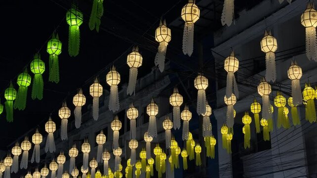 Thailand loi krathong yi peng festival hanging colorful paper lanterns over entrance	