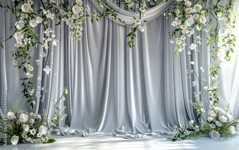 Aufkleber silver studio backdrop with a matte finish, silver satin curtains with trailing ivy and white orchid