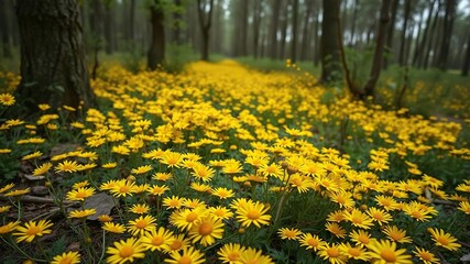Obraz premium A carpet of bright yellow daisies covering a forest floor, daisies, yellow flowers, yellow daisies