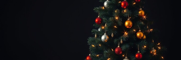 Obraz premium A Christmas tree is set against a dark background with numerous shiny lights and colorful baubles scattered throughout its branches, cozy atmosphere, festive color scheme