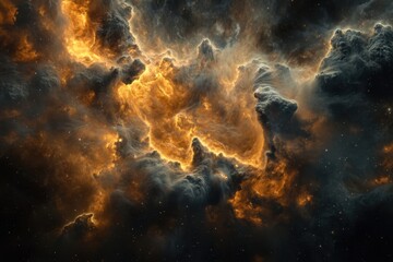 Fototapeta premium A fiery nebula in space with a dark cloudy background.