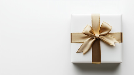 A single elegant gift box with a golden ribbon on a clean white background