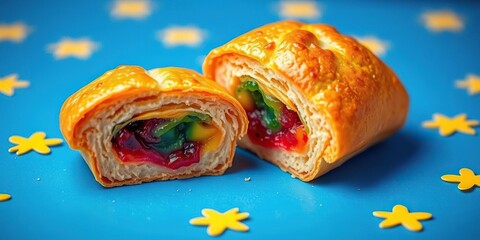 Obraz premium A creative and colorful presentation of a rainbow-colored jam-filled pastry loaf, cut in half to reveal its colorful filling, pastry, colorful, cut