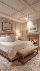 Fototapeta premium grand master suite, moody, wainscoting on walls, cozy and inviting, warm and inviting with artwork on walls and fireplace opposite the king bed