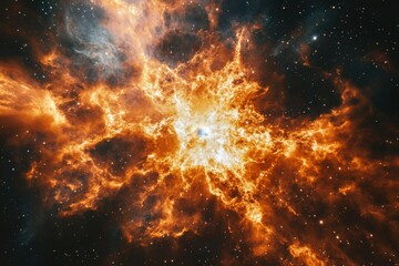 A fiery nebula with a bright core and surrounding stars in a dark space.