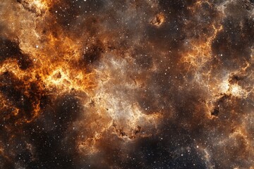 A fiery nebula with a mix of orange and white, illuminated by bright stars.