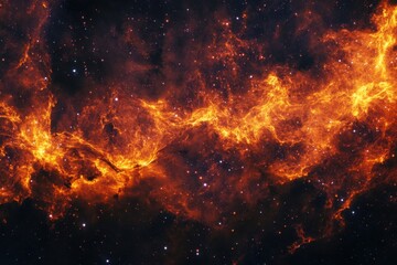 Fototapeta premium A fiery nebula with a swirling pattern of gas and dust in a dark, star-filled sky.