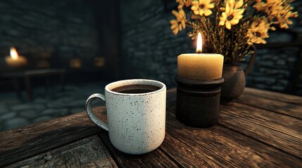 Cozy Cafe Scene Coffee Mug Candle Flowers Wooden Table