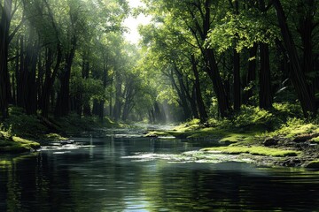 Obraz premium A Stream Flowing Through a Lush, Sun-Dappled Forest