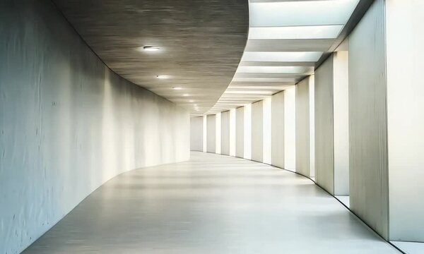 近未来的でミニマルな白い通路、自然光が差し込む美しい建築デザイン