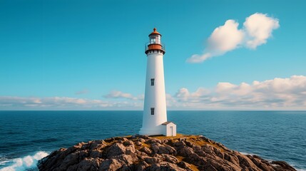 Obraz premium Majestic Lighthouse on a Rocky Coastline Under a Blue Sky
