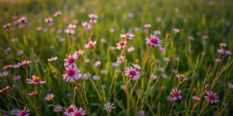 Fototapeta premium Gentle bloom of pink wildflowers scattered on a green meadow at sunrise, meadow, garden scene,