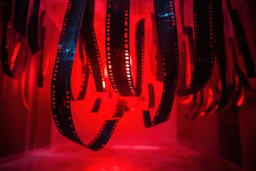 Artistic composition of film strips hanging to dry in a darkroom, with a red safelight casting a glow. Ample copy space for darkroom or developing themes.