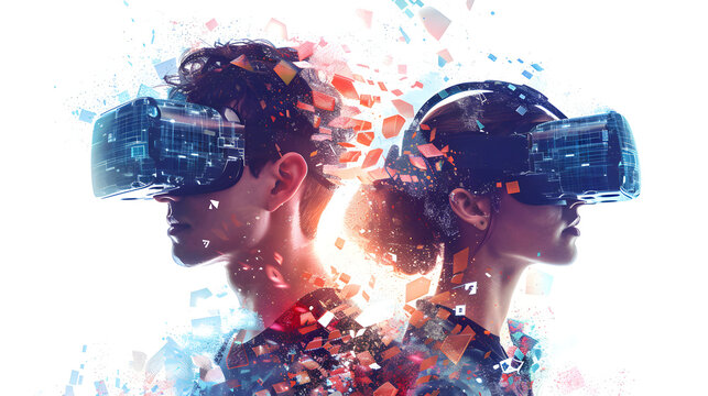 man and a woman in glasses of virtual reality. The concept of modern technologies and technologies of the future. Fragmented by pixels. VR glasses