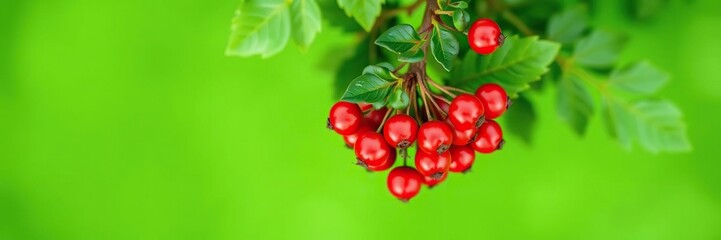 Cluster of Rowan Berries on a Green Background, green landscape, berries