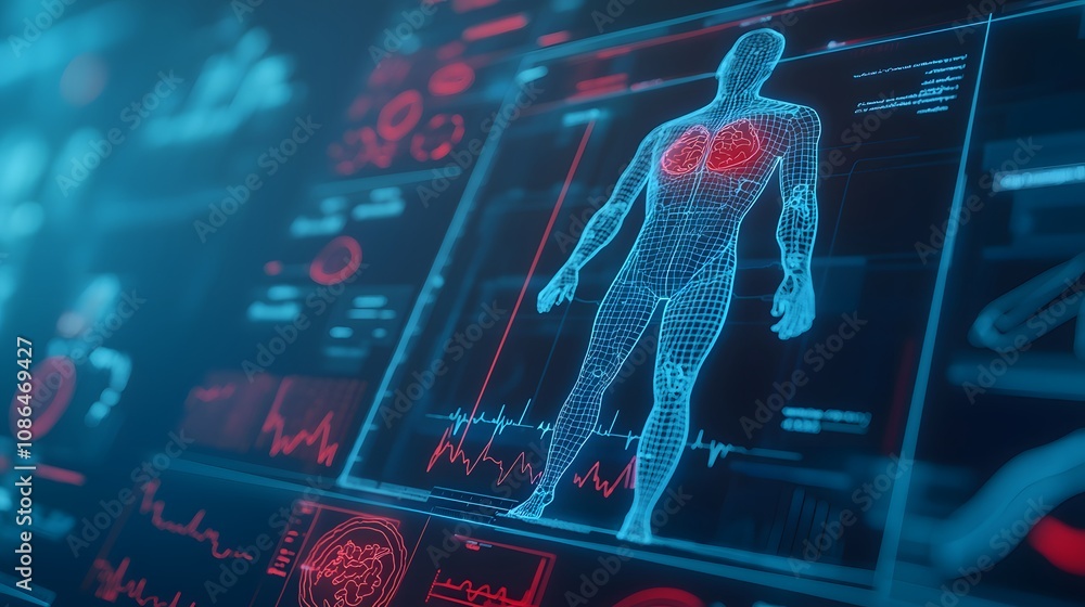 Aufkleber analyzing human anatomy medical lab digital visualization high-tech environment aerial view health i