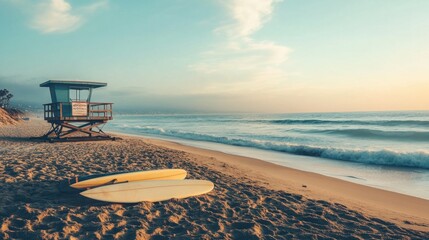 Beach with a lifeguard tower and surfboards in the sand, waves rolling in the distance