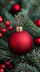 Red Christmas Ornament on Evergreen Branch