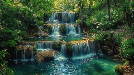 A lush green forest, where a central stream cascades down from a waterfall above, forming multiple small cascades and flows. The stream creates a clear blue pond on the rocks.