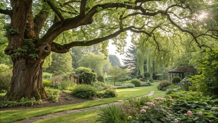 Fototapeta premium A serene and idyllic garden scene with a large tree and lush greenery, beautiful scenery, serene scenery, natural scenery, tree