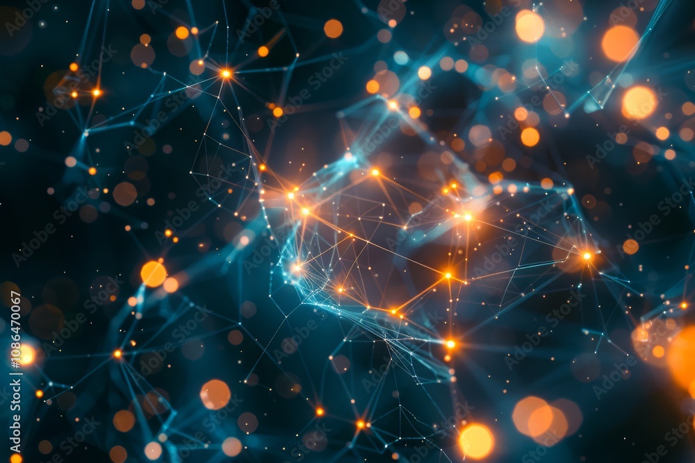 Poster visualization of machine learning algorithms as interconnected, glowing crystal structures, illustra