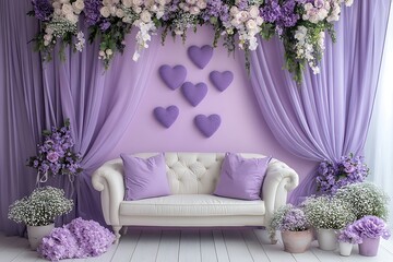 Elegant purple and white backdrop with an elegant sofa, curtains, heart and flowers for a photography studio background