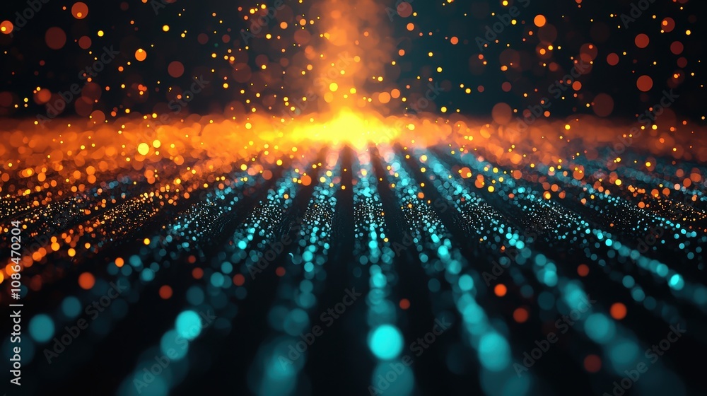 Poster abstract glowing bokeh lights teal and orange 3d render background texture