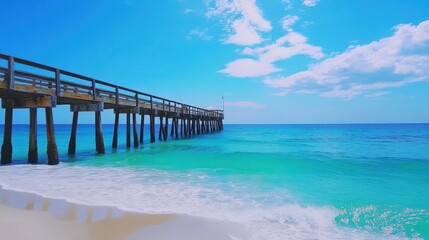 Fototapeta premium Beach with a weathered wooden pier extending into calm turquoise waters under a bright blue sky