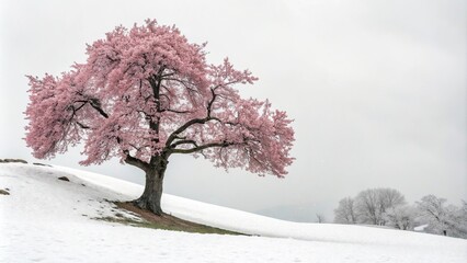 A serene tree on a snowy hill is adorned with stunning pink blossoms adding depth and visual interest to the frozen environment, pink blossoms, peaceful scene, 