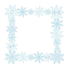 Snowflakes on dark background. Template postcard with copy space. Ice stars for Christmas or New Year design. Hand drawn watercolor illustration isolated. Winter holiday frame for card, website, sale.