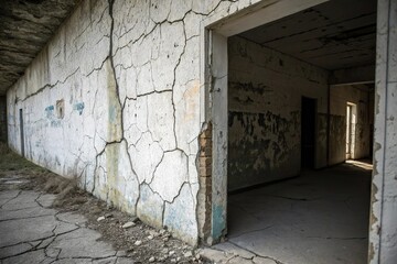 Cracked concrete wall with peeling paint in dimly lit recess, downtrodden, paint