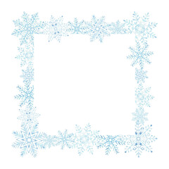 Snowflakes on dark background. Template postcard with copy space. Ice stars for Christmas or New Year design. Hand drawn watercolor illustration isolated. Winter holiday frame for card, website, sale.