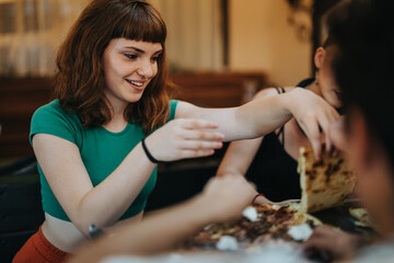 A group of young friends enjoying a casual meal together, sharing food and laughter in a warm,...