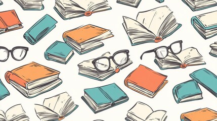 books and glasses seamless pattern. hand drawn doodle style.