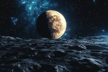 A large, full moon hangs in the sky above a rocky, barren landscape.